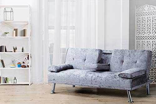 Comfy Living Italian Style Luxury Sofa Bed with Drink Cup Holder Table Crush Velvet 4 Colours (Steel)