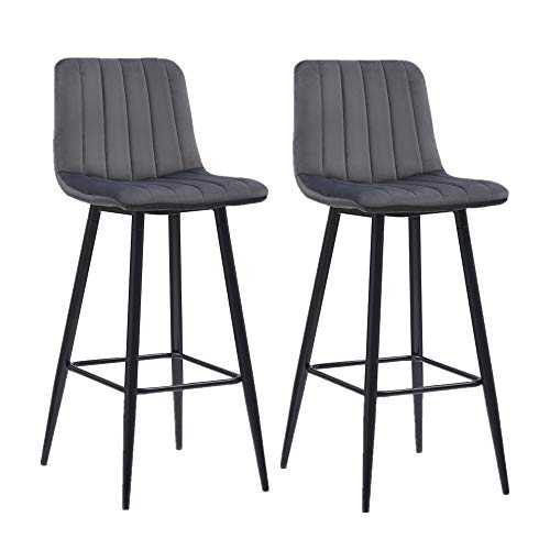OFCASA Set of 2 Grey Velvet Breakfast Kitchen Bar Stools with Metal Legs High Stools with Backrests Footrests for Kitchen Living Room Hotel Restaurant Pub 75cm Height