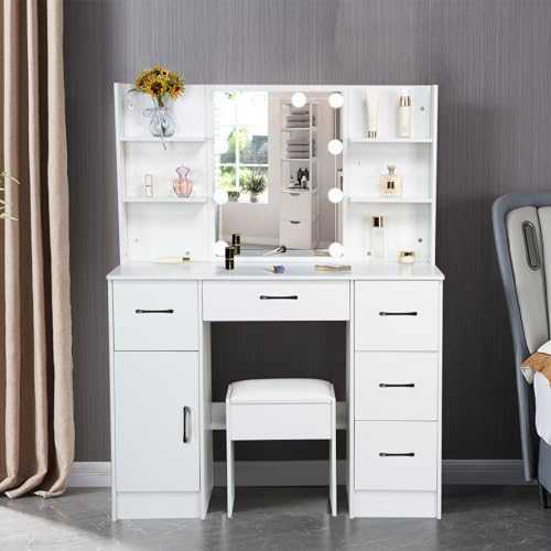 Puselo Dressing Table with Mirror and Stool, Vanity Desk with LED Lights-3 colors, Brightness Adjustable, Vanity Table with Drawers and Shelves for Girls (Modern U3167)