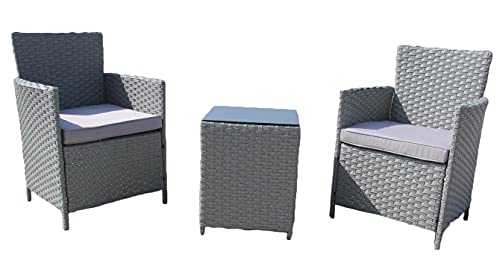 Chusstang 3 PCS Rattan Garden Furniture Sets Grey Outdoor 2 Seater Patio Furniture Set Garden Dining Furniture Sets with Cushions Rattan Wicker Bistro Set for Indoor Outdoor Balcony