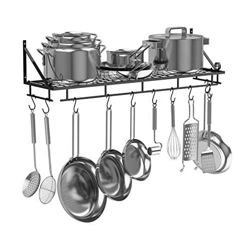 AcornFort® K-1125 Black Metal 90 CM Kitchen Cooking Pot Rack Stand Wall Mounted Pot Pan Saucepan Racks Utensils Hanging Shelf With 10 Hooks