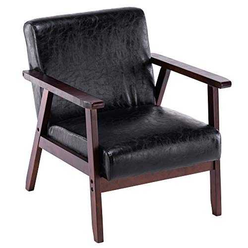 Mulple Reception Retro Accent Leather Chair Beech Wood Frame Armchair Occasional Living Room Reception Bedroom Balcony Conservatory Padded 64.5W x 59D x 71H cm (Black)