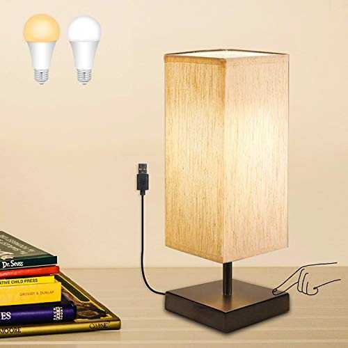 USB Touch Sensor Square Bedside Table Lamp, BRTLX DC5V Dimmable Nightstand Desk Lamp with Fabric Shade and E27 Screw Bulbs Ideal for Living Room Children Bedroom 1 Pack( 2 Bulbs Included)