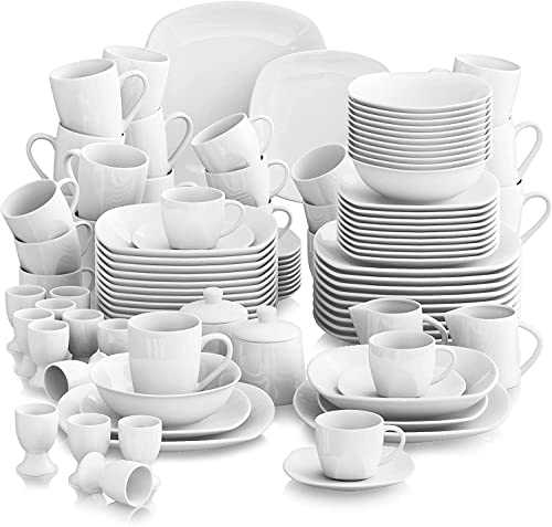 MALACASA, Series Elisa, 100-Piece White Porcelain Dinner Sets with 12 Piece Cups/Saucers/Mugs/Egg Cups/Cereal Bowls/Dessert Plates/Soup Plates/Flat Plates and 2 Sugar Pot & 2 Milk Jug