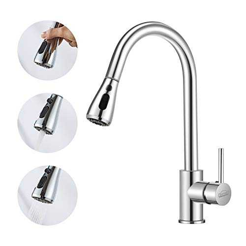 DEWINNER Kitchen Tap,Pull Down Sprayer Hot Cold Water Swivel, Sink Mixer Spout Faucet, Single Handle, Easy Fit, Stand UK Fitting, Solid Brass Chrome Finish,F006