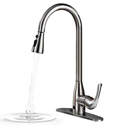 Touchless Kitchen Tap Faucet Two Sensor with Pull Down Spay Head Brushed Nickel Taps Single Handle High Arc Hands Free Smart Pullout Kitchen Sink Faucets with Deck Plate