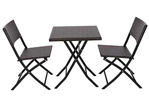 Patio Bistro Set, Rattan Folding Hand Woven Small Balcony Table Chairs Set, 3 Pieces Garden Patio Furniture Sets 1 Table + 2 Chairs for Picnic Porch Party, No Assembly Required
