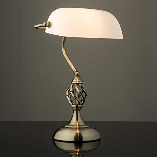 Kingswood Barley Twist Traditional Bankers Lamp - Antique Brass - Opal Glass - Desk/Table Lamp