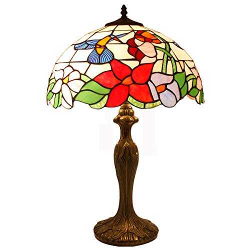 Tiffany Style Table Desk Beside Lamp 24 Inch Tall Hummingbird Design Stained Glass Lamps Shade 2 Light Antique Zinc Base for Living Room Bedroom Set W16 inch S101 WERFACTORY