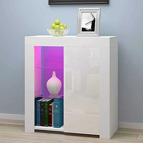 One Door Two Glass Shelves Sideboard Cabinet 16colors LED Lighted Storage (White)