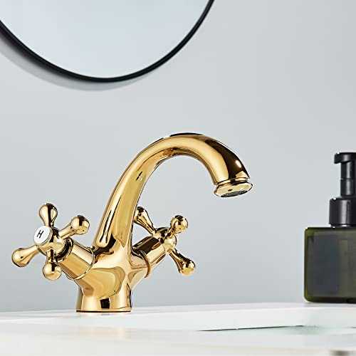 Rozin Bathroom Countertop Luxury Sink Tap Dual Cross Knobs Hot and Cold Water Golden Polished
