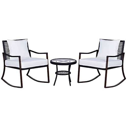 Outsunny 3 Pieces Rattan Bistro Set 2 Rocking Armchair with Pillow Cushion & Tempered Glass Round Coffee Table| Wicker Weave Furniture for Outdoor Garden Conservatory Balcony Backyard - Brown