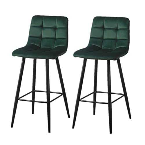 OFCASA Bar Stools Set of 2 Velvet Upholstered Bar Stools Square Pattern Backrest Island Counter Chairs for Home Kitchen Bar, Green