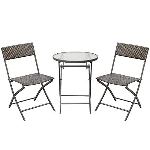 Outsunny 3PC Rattan Bistro Set 2 Folding Rattan Chair Glass Topped Coffee Table Garden Patio Balcony Outdoor Wicker Furniture - Brown