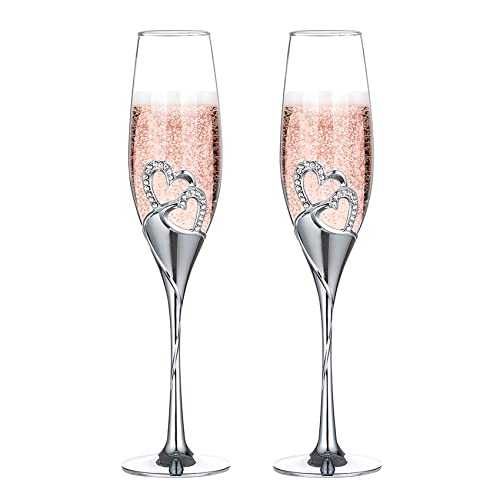 Nuptio Set of 2 Silver Champagne Flutes, Wedding Glasses Creative Heart Champagne Glasses Set for Bride & Groom, Toasting Cups Gift Sets for Couples - Engagement, Wedding, House Warming Gift