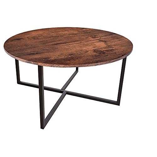 DUMEE Round Coffee Table Industrial Wooden Cocktail Table with Sturdy Steel Frame for Living Room, Bedroom, Black and Rustic Brown