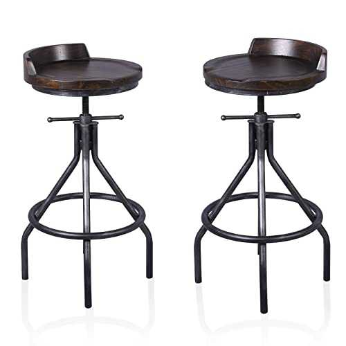 Set of 2 Bar Stools | Industrial Vintage Style | Swivel Wooden Seat | Counter Height Adjustable 24-28inch | with Mini Backrest