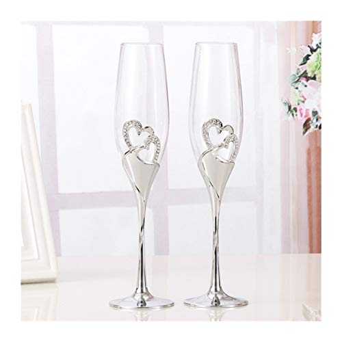 KJGHJ 2 PCS/Set Heart-shaped Red Wine Glass High Foot Crystal Glass Gold Silver Double Cup Lovers Cup Birthday Gift Wedding Decoratio, Champagne Flutes (Color : 2 PCS Set)