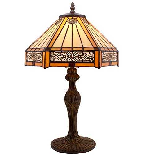 Tiffany Lamps Yellow Hexagon Stained Glass Lampshade Antique Base Mission Style End Coffee Table Lamps Read Lighting W12 H18 Inch For Living Room Bedroom Bedside Desk S011