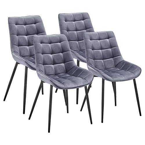 TMEE Dining Chairs Set of 4 pcs Kitchen Counter Chairs Lounge Leisure Living Room Corner Chairs with Backrest and Cushioned Soft Velvet Seat Sturdy Black Steel Reception Chairs (Grey, 4)