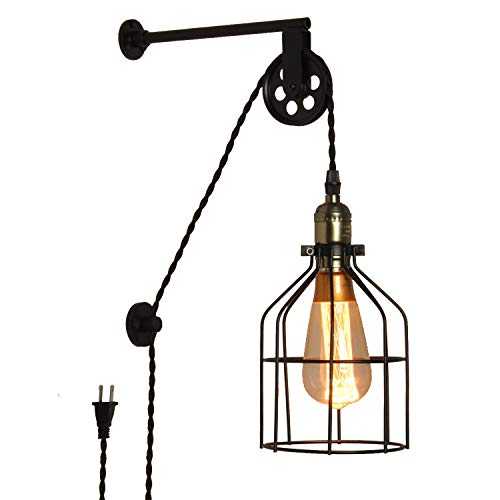 Modern Industrial Rustic Cage Wall Lamp Lift Pipe Pulley Wall Lights Fixture - Retro Pendant Lamp Adjustable with Plug in Cord - Wall Sconce Fixture for Indoor Living Room Restaurant (no Bulb,Black)
