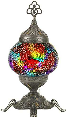 DEMMEX Battery Operated Handmade Colorful Mosaic Glass Compact Table Desk Bedside Lamp Lampshade with Antique Brass Base, Small 11x5" (Cure My Depression)