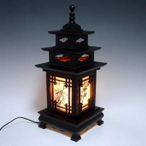 Carved Wood Lamp Shade with Three Story Pagoda Design Handmade Art Deco Lantern Brown Asian Oriental Bedside Bedroom Accent Unusual Table Light