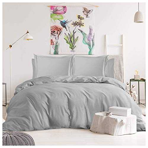 Duvet Cover Set with Matching Pillow Cases 100% Cotton Sateen 300 Thread Count Guaranteed Hotel Quality Quilt Protector Cover Premium Bedding Collection Extra Soft Comforter Luxury Grey (Double)