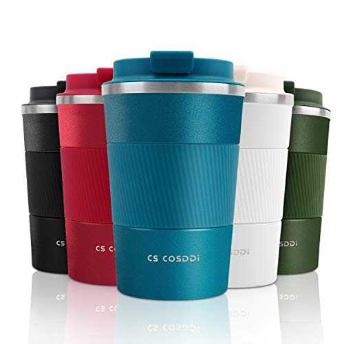 Travel Mugs, CS COSDDI Insulated Coffee Cup with Leakproof Lid - Reusable Coffee Cups Travel - Car Coffee Cup - Stainless Steel Thermal Mug for Hot and Cold Coffee Water and Tea 380ml (Blue-A)