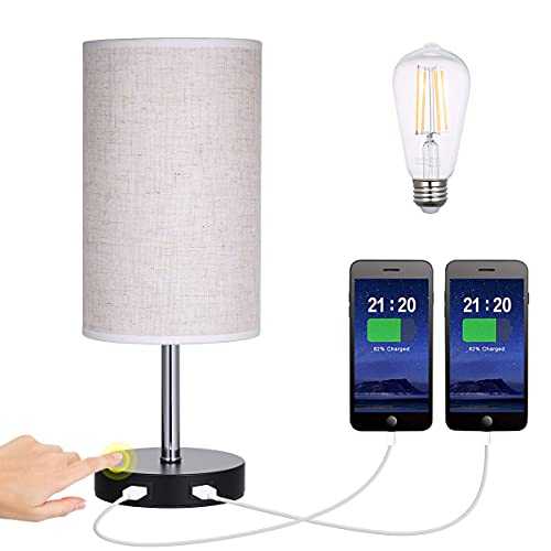 Touch Control Bedside Table Lamp Dimmable with 2 USB Charging Port,Tomshin-e Modern Nightstand Desk Lamp Fabric Shade for Bedroom,Living Room,Office,Study Room,Lounge,LED Bulb Included