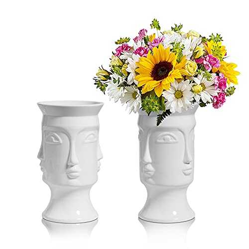 ComSaf Ceramic Flower Vase White Set of 2, Modern Human Face Design Bud Vase Tall Posy Bouquet Centerpiece for Home, Wedding, Christmas Decoration (18CM Height)