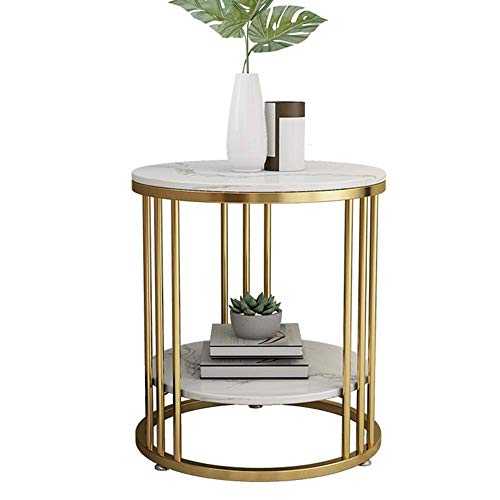 Home&Selected furniture/Side Table Marble+ Iron Art Coffee Table Living Room Small Round Table Sofa Corner Table 2-Tier Storage Table Balcony Plant Stand,19.6" ;21.6" (Color : White)