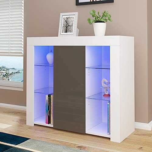 Cabinet Cupboard Sideboard TV Unit Matt Body and High Gloss Doors + LED Light Display Cabinet Storage Unit for Living Room Bedroom (Brown)