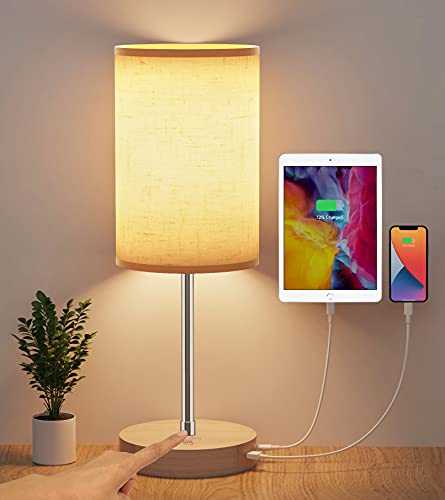 Bedside Lamps,AISCOOL Table Lamp for Bedroom with USB Type C Ports,Touch Desk Lamp Stepless 2-100% Dimmable LED Nightstand Lamp Adjustable Height with Danish Solid Wood Base for Living Room, Office