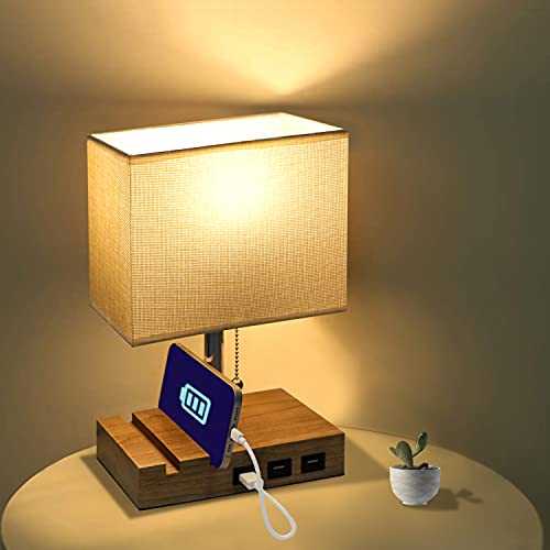 DAMORON USB Bedside Table Lamp, Bedside Desk Lamp with 3 USB Charging Ports and 2 Wooden Phone Stand Organizer, Beige Fabric Lampshade 5W E27 Warm LED Bulb Included for Bedroom, Living Room or Office