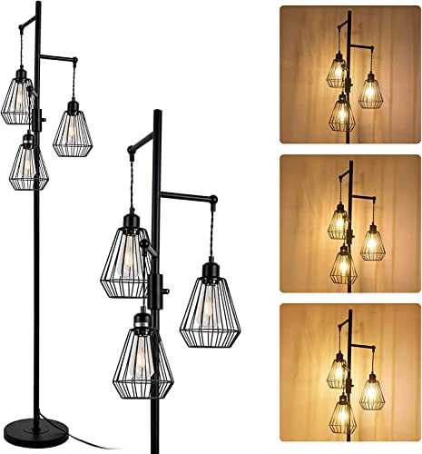 Rayofly Dimmable Industrial Floor Lamp for Living Room, Vintage 3-Lights Standing Lamps with Diamond Cage Lampshades & Dimmer, Black Metal, E27, Modern Tall Tree Floor Lamps for Bedroom, Dining Room