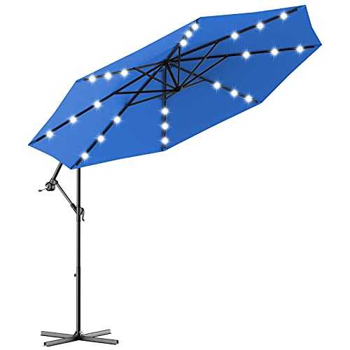 CASART 3M Outdoor Parasol Umbrella with 24 LED Lights, Winding Crank and Cross Base, Garden Market Beach Patio Banana Sun Shade Umbrella (Blue)