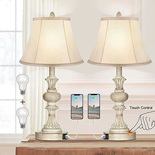Touch Control Table Lamp Set of 2, 3-Way Dimmable Bedside Nightstand Lamp with 2 USB Charging Ports, Rustic Farmhouse Desk Lamp with Faux Silk Shade for Living Room, Bedroom - Washed White