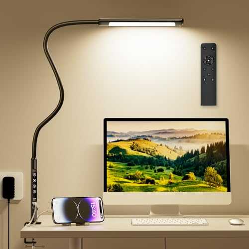 LED Desk Lamp Clamp with Charging Phone 2 USB Port Reading Light Eye-Care 6 Colors 6 Brightness Table Daylight 12W Timing Function Remote Touch Control Accessories Work Study Home Office ( Adapter )