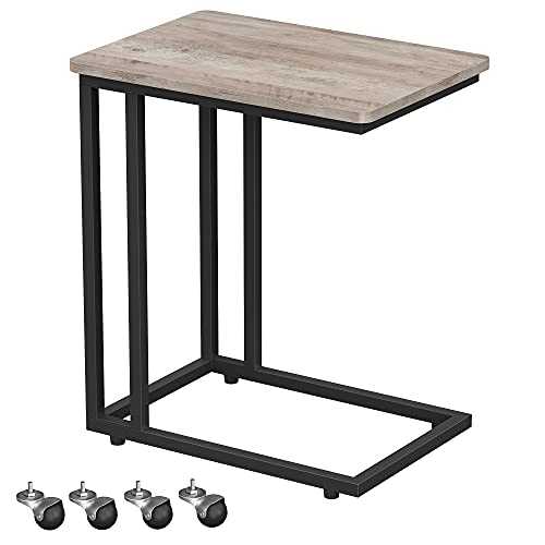 VASAGLE End Table, Side Table, Coffee Table, with Steel Frame and Castors, Easy Assembly, Industrial, for Living room, Bedroom, Balcony, Greige and Black LNT050B02