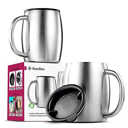 Insulated Stainless Steel Coffee Cups (Set Of 2) BPA-Free Spill Proof Lid- Double Wall Camping Travel Mugs With Handle- Tough & Shatterproof Coffee & Tea Mug, Takeaway Coffee Cup for Hot Drinks- 414ml
