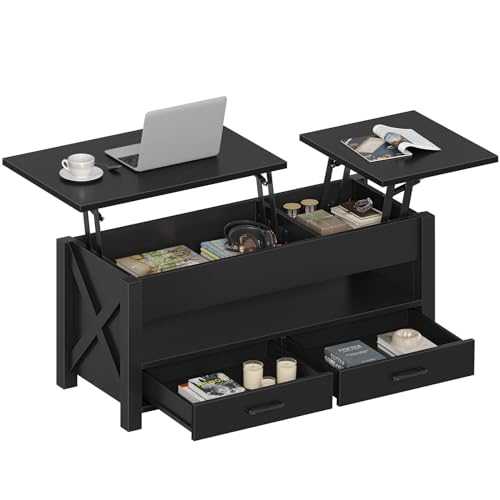 Seventable Lift Top Coffee Table, 47.2" Coffee Table with 2 Storage Drawers and Hidden Compartment, X Wood Farmhouse Support, Retro Center Table with Wooden Lift Tabletop, for Living Room,Black