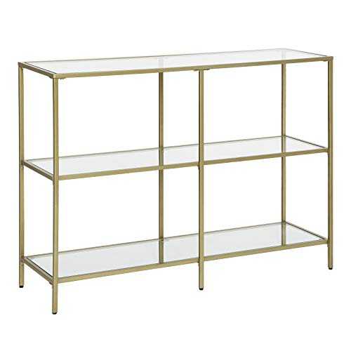 VASAGLE Console Table, Sofa Table with 3 Shelves, Tempered Glass Shelf, 100 x 30 x 73 cm, Metal Frame, Modern, for Hallway Living Room Bedroom, Gold Colour LGT27G