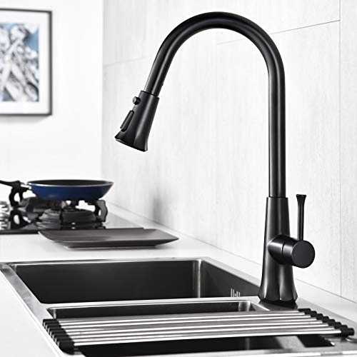 PiAEK 3 Modes Adjustment Kitchen Sink Mixer Tap with Pull Down Sprayer Baking Black Paint, Single Handle High Arc Pull Out Kitchen Taps, 360 Degree Rotation Single Level Solid Brass Kitchen Faucet