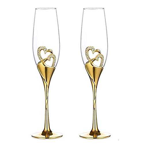KJGHJ 2-Piece Wedding Crystal Champagne Glass Set Flute Glasses Wine Glass For Wedding Gift Glasses Gold Champagne Glasses 201-300 ML, Champagne Flutes (Color : Gold)