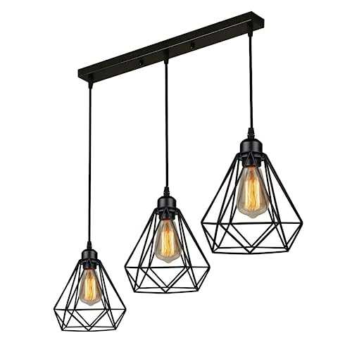 LEDSone Vintage Metal 3 Head Light Industrial Pendant Wire Cage Shade, Diamond Cage Black Hanging Ceiling Light E27 Holder Fitting with 50cm Ceiling Plate