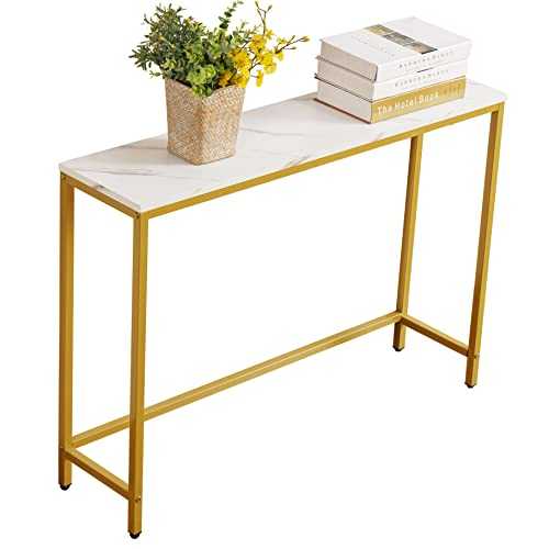 loglus Console Table for Entryway, Faux Marble MDF Sofa Table with Golden Frame for Living Room Office