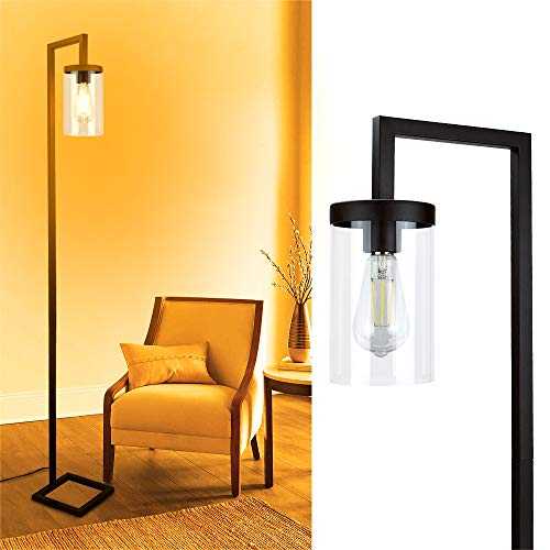 Depuley LED Floor Lamp with Hanging Glass Shade, Metal Industial Floor Lamps for Living Room,Study,Bedroom, Eye Protection Reading Standing Lamp, Black,Warm White (6W A60,E27 Edison Bulb Included)