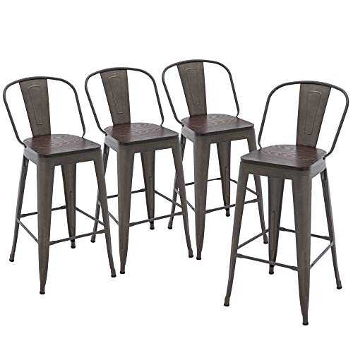Yongqiang Metal Barstools Set of 4 Indoor Outdoor 30 inch Bar Stools High Back Dining Chair Industrial Counter Bar Chairs with Wooden Seat Rusty