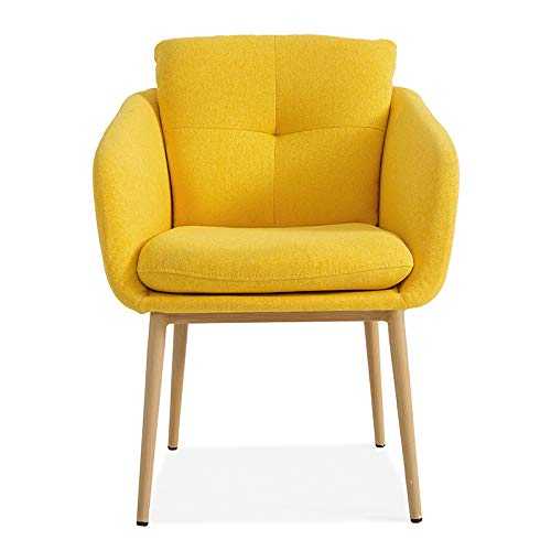Modern Lounge Padded Chair Dining Chair with Metal Legs Living Room Chair Lumbar Support Fabric Leisure Bedroom Study Desk Task Chair with Armrests (Yellow)